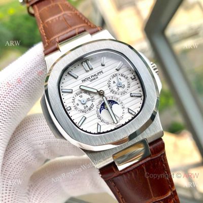 Copy Patek Philippe Nautilus White Face Annual Calendar Watch Brown Leather Strap